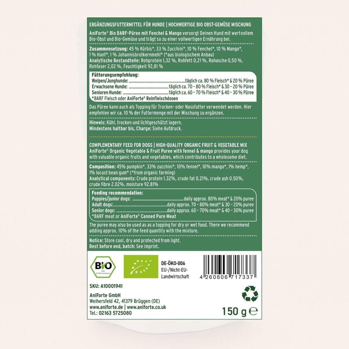 Bio BARF-Püree "Fenchel & Mango" für Hunde, hochwertige Bio-Obst-Gemüse-Mischung, natürliche Vitamine und Mineralstoffe, ideal zum Barfen.