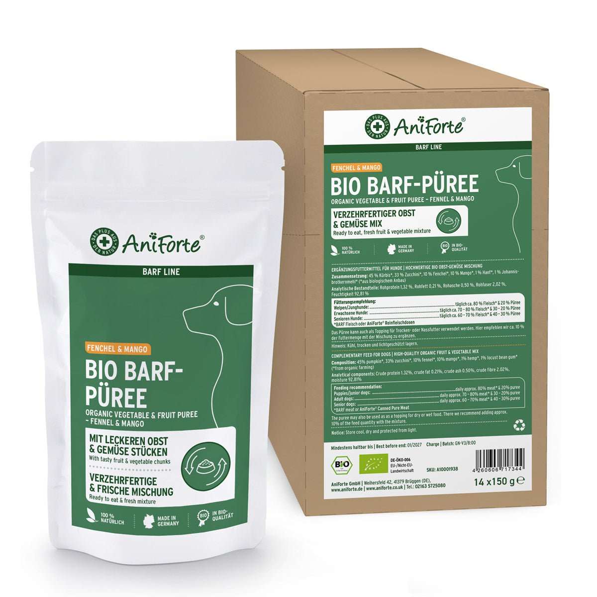 Bio BARF-Püree Fenchel & Mango für Hunde, hochwertige Bio-Obst- und Gemüse-Mischung, umweltfreundlich hergestellt.