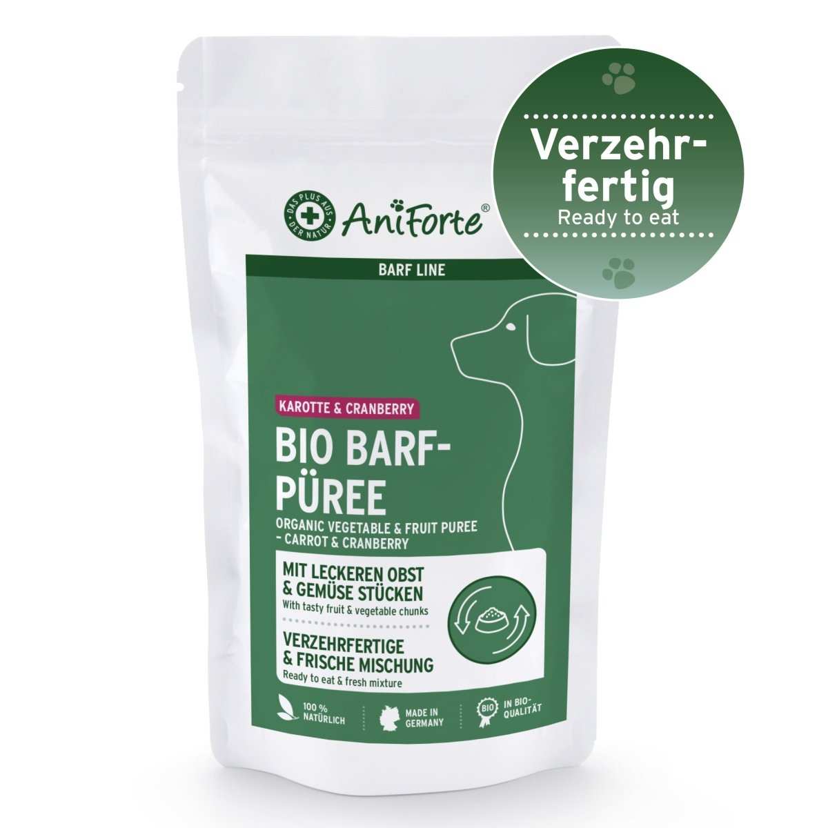 Bio BARF-Püree Karotte & Cranberry for dogs, organic vegetable and fruit blend, ready-to-eat.