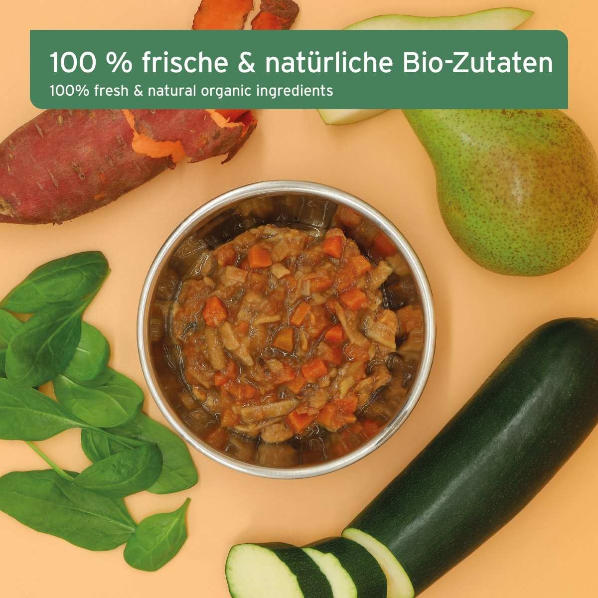 Bio BARF-Püree für Hunde mit Süßkartoffel, Birne, Spinat; 100% frische, natürliche Bio-Zutaten.