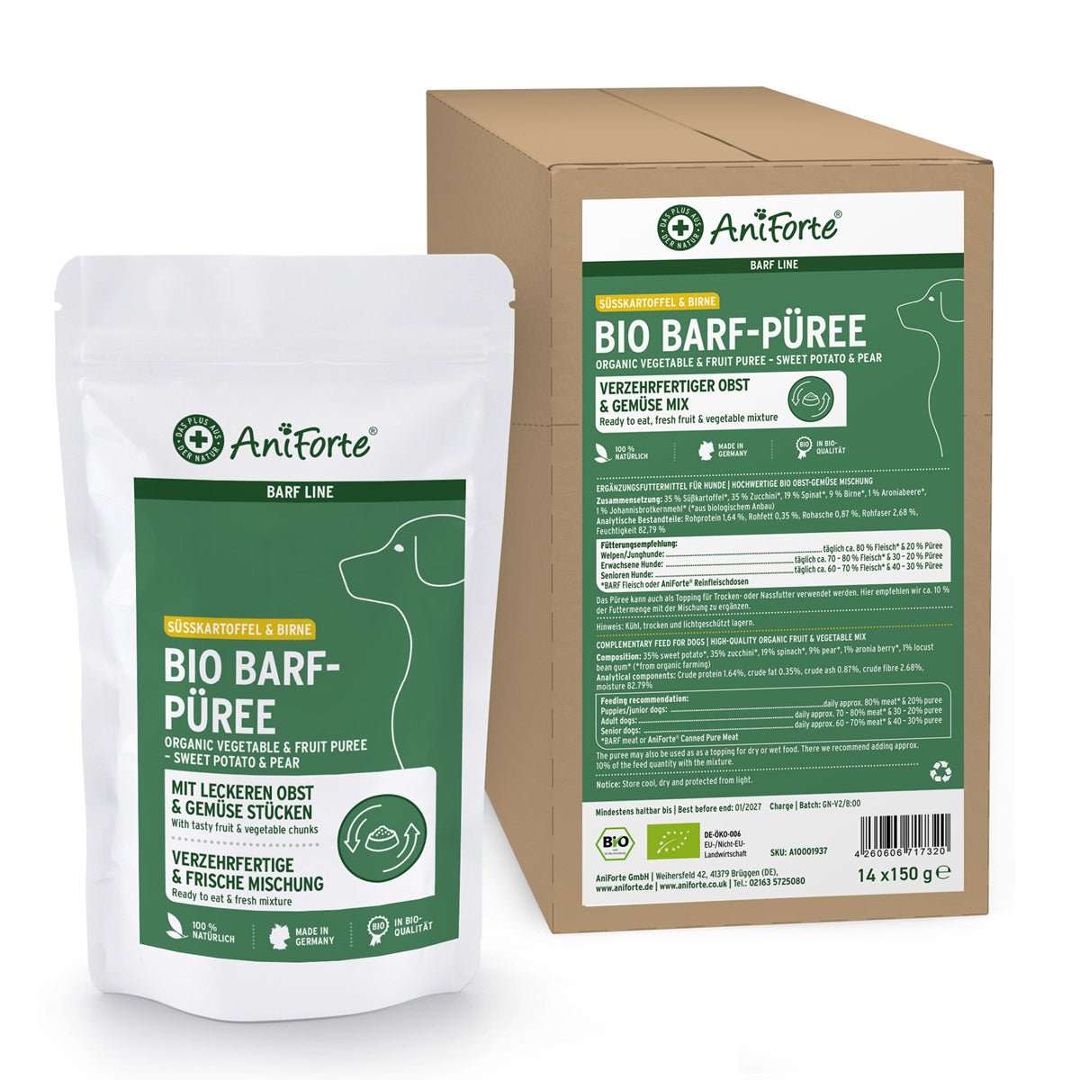 Bio BARF-Püree Süßkartoffel & Birne für Hunde, hochwertige Bio-Zutaten, 14x150 g Packung.