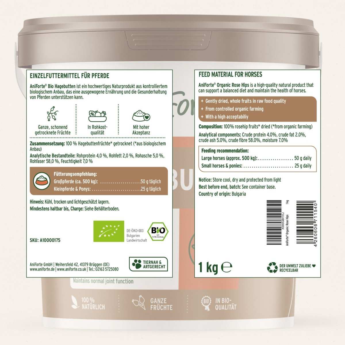 Bio Hagebutten für Pferde und Ponys, unterstützt Gelenke und Immunsystem, 100% natürliche Rohkostqualität, AniForte.