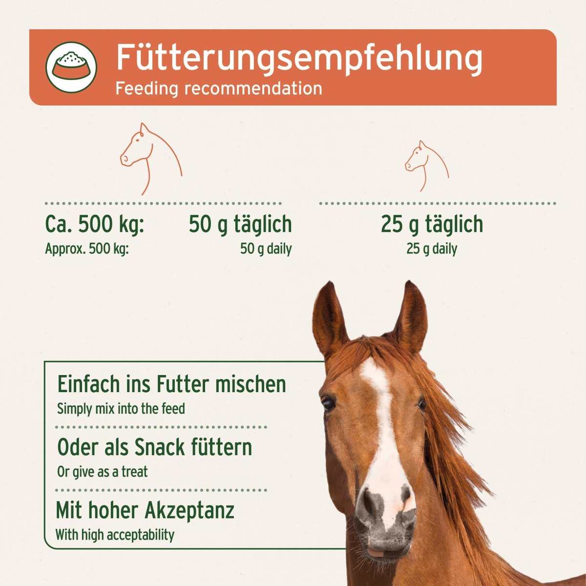 Fütterungsempfehlung für Bio Hagebutten, Produkt für Pferde & Ponys zur Unterstützung von Gelenken und Immunsystem.