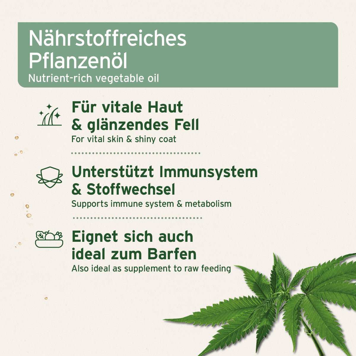 Grafik mit zusätzlichen Informationen Nährstoffreiches Pflanzenöl für Tiere, unterstützt Haut, Fell, Immunsystem und Stoffwechsel, ideal zum Barfen.