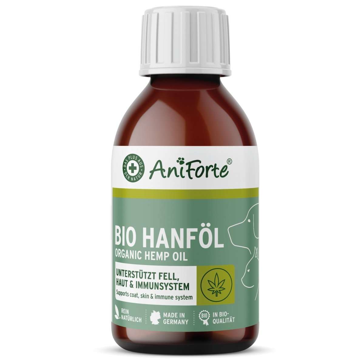 Bio Hanföl in brauner Flasche, unterstützt Haut, Fell und Immunsystem von Haustieren, kaltgepresst und biologisch.