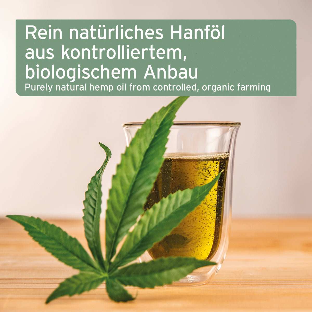 Bio Hanföl mit Glas und Blatt.