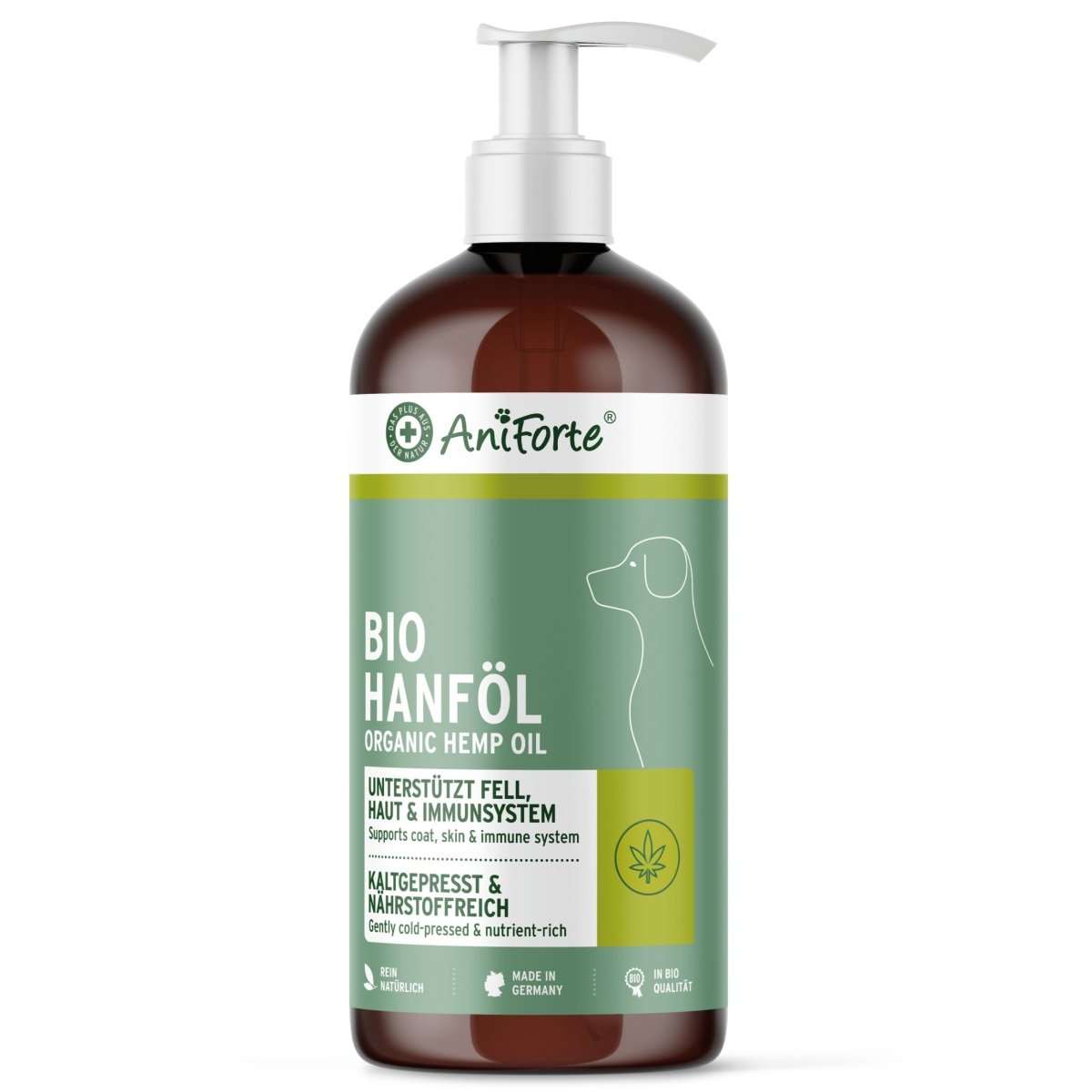 Flasche Bio Hanföl in einer Pumpflasche, kaltgepresst, ideal für Haut, Fell und Immunsystem von Haustieren.