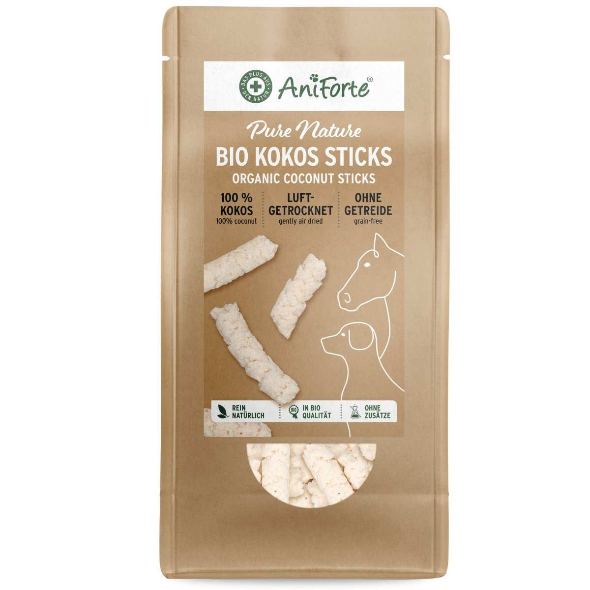 BIO Kokos-Sticks von AniForte, 100 % Bio-Kokosfruchtfleisch, knuspriger Snack für Hunde & Pferde, natürliche Zahnpflege, nachhaltige Qualität.