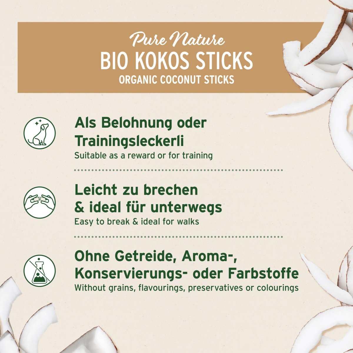 Informationsgrafik BIO Kokos-Sticks für Hunde und Pferde, 100 % Bio-Kokosraspeln, natürliche Belohnung, unterstützt Zahnpflege, grün, knackig, ohne Getreide.