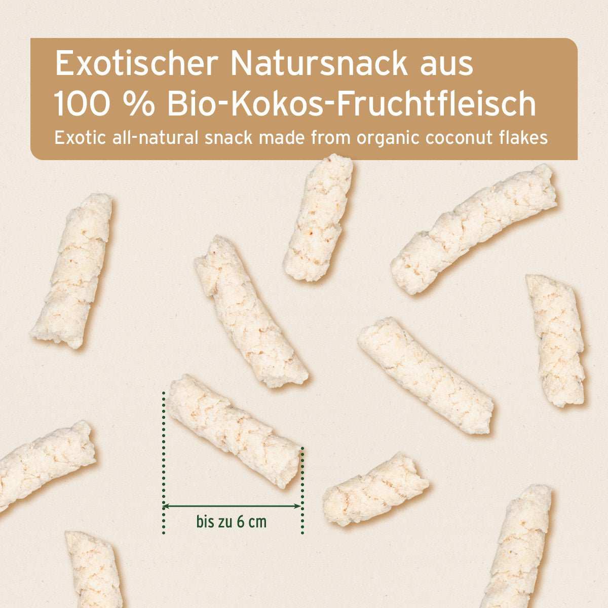 Informationsgrafik BIO Kokos-Sticks aus 100 % Bio-Kokos-Fruchtfleisch, knuspriger Snack für Hunde und Pferde, ohne künstliche Zusätze.