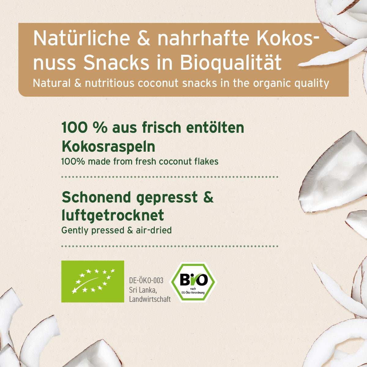 Informationsgrafik BIO Kokos-Sticks für Hunde und Pferde aus 100% Bio-Kokosraspeln, in Bioqualität aus Sri Lanka, ohne künstliche Zusätze, ideal für Zahnpflege und als natürlicher Snack.