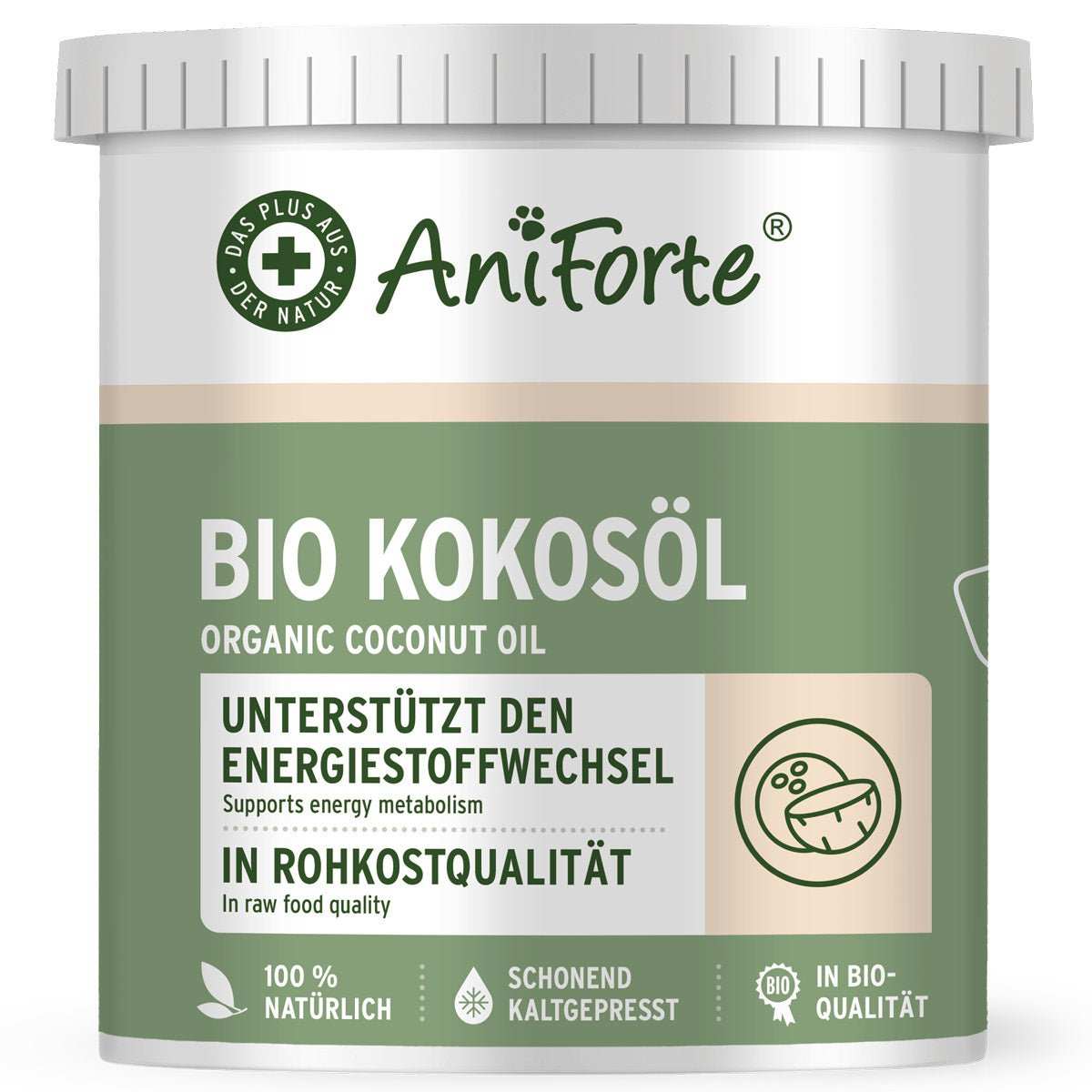Bio Kokosöl für Hunde und Katzen, unterstützt Stoffwechsel, in Rohkostqualität, AniForte® Verpackung.