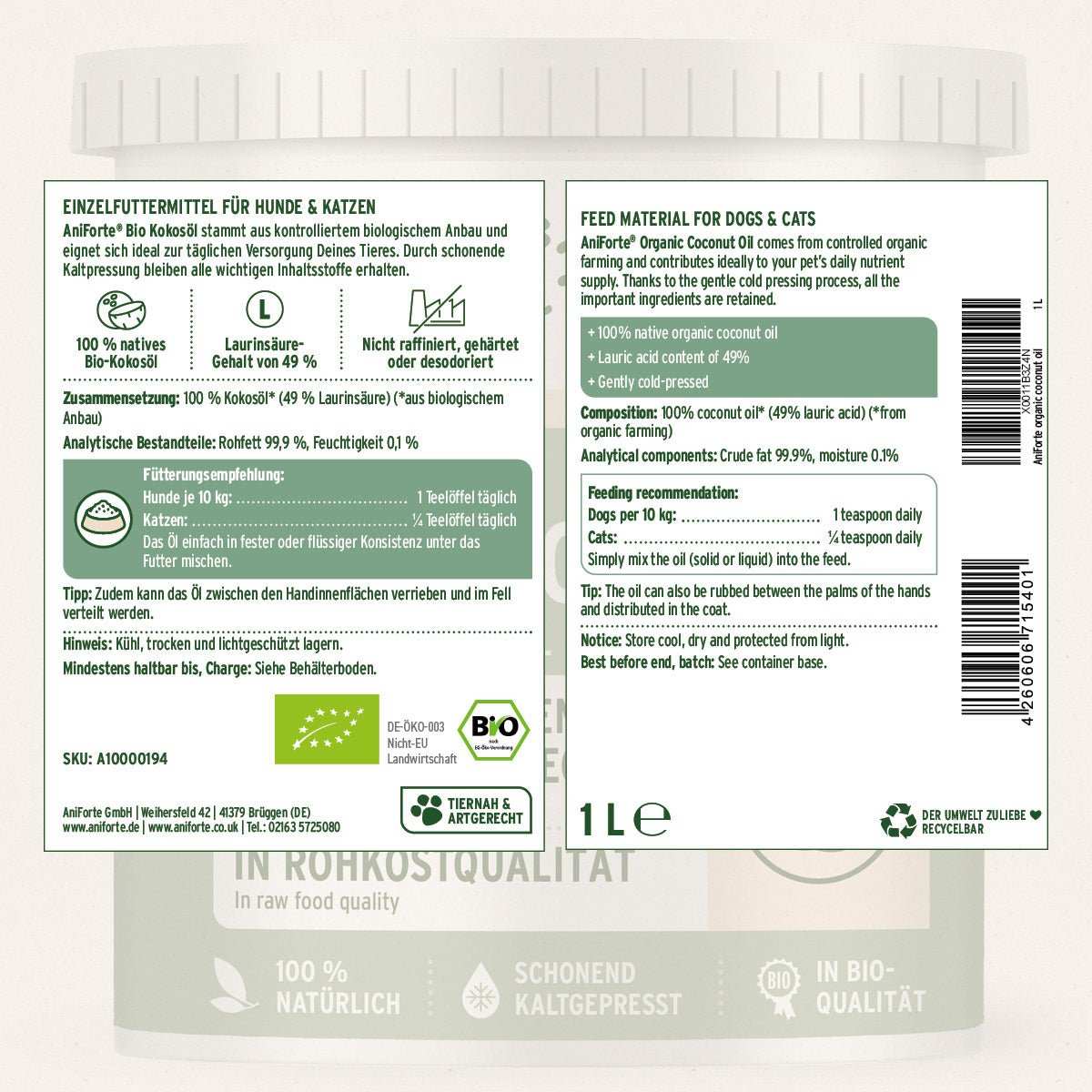 Etikett zu Bio Kokosöl für Hunde und Katzen, 100% naturrein, kaltgepresst, hoher Laurinsäuregehalt, ideal für Stoffwechsel, Immunsystem und Fellpflege.
