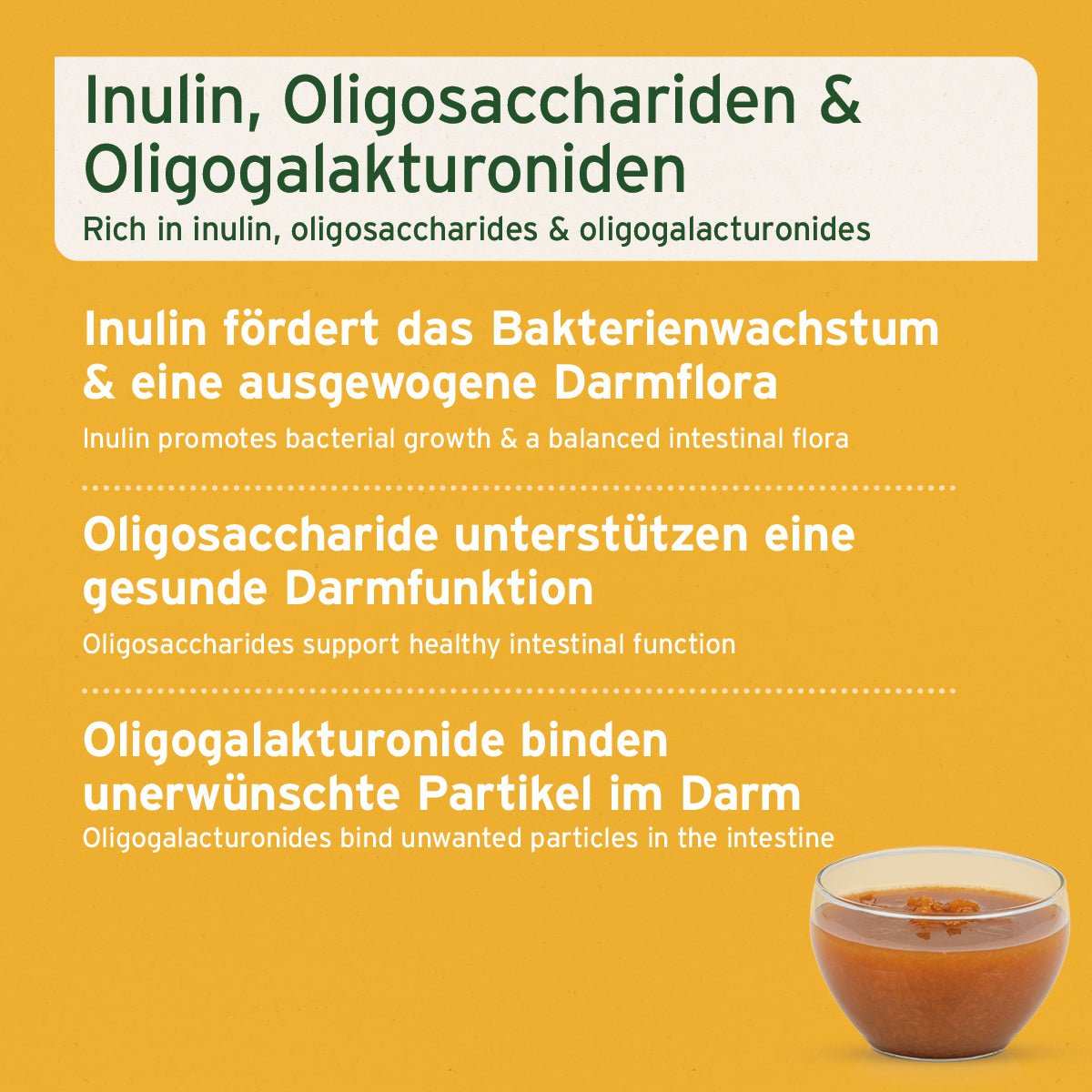 Inulin, Oligosaccharide und Oligogalakturonide fördern gesunde Darmflora, unterstützen Darmfunktion und binden Partikel im Darm; Bio Morosan Schonkost für Hunde.