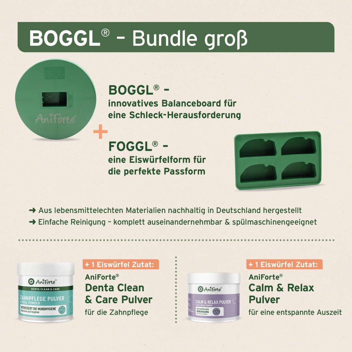 AniForte BOGGL® Bundle innovatives Schleckspielzeug für Hunde mit Balanceboard und Eiswürfelform, fördert mentale Beschäftigung und Entspannung