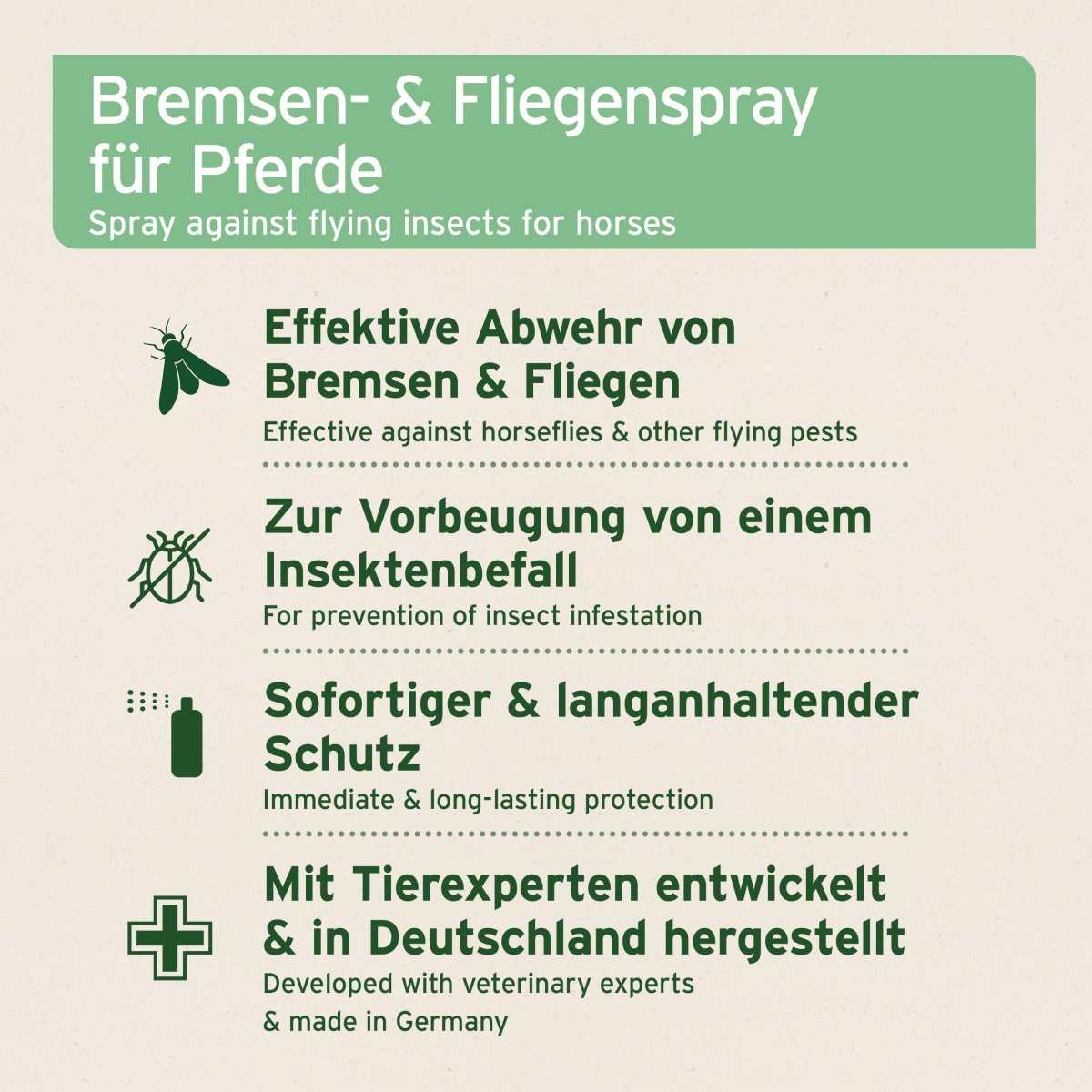 Bremsen-EX Spray für Pferde, effektive Abwehr gegen Bremsen und Fliegen, langanhaltender Schutz, mit ätherischen Ölen und Geraniol, in Deutschland entwickelt.