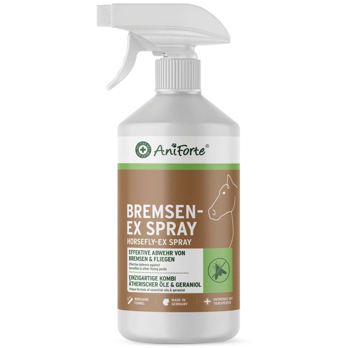 Bremsen-EX Spray Flasche für Pferde zur Abwehr von Fliegen und Bremsen, enthält ätherische Öle und Geraniol.