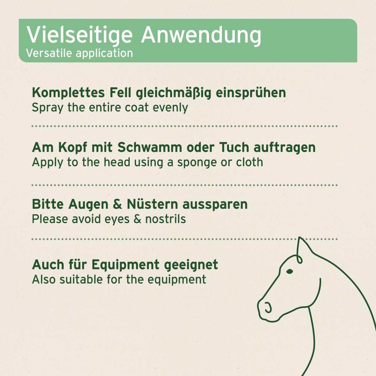 Vielseitige Anwendung des Bremsen-EX Sprays für Pferde, inklusive Anleitung zum gleichmäßigen Aufsprühen auf das Fell und Hinweise zur Vermeidung von Augen und Nüstern.