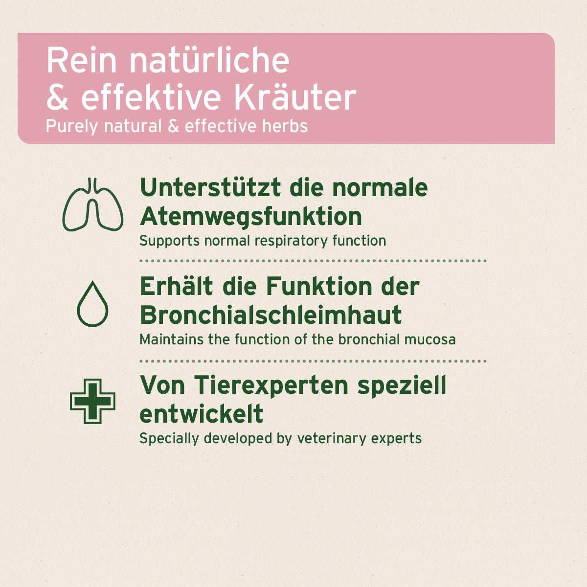 Informationsgrafik mit dem Hinweis auf: Rein natürliche und effektive Kräuter für Pferde zur Unterstützung der Atemwege, entwickelt von Tierexperten.