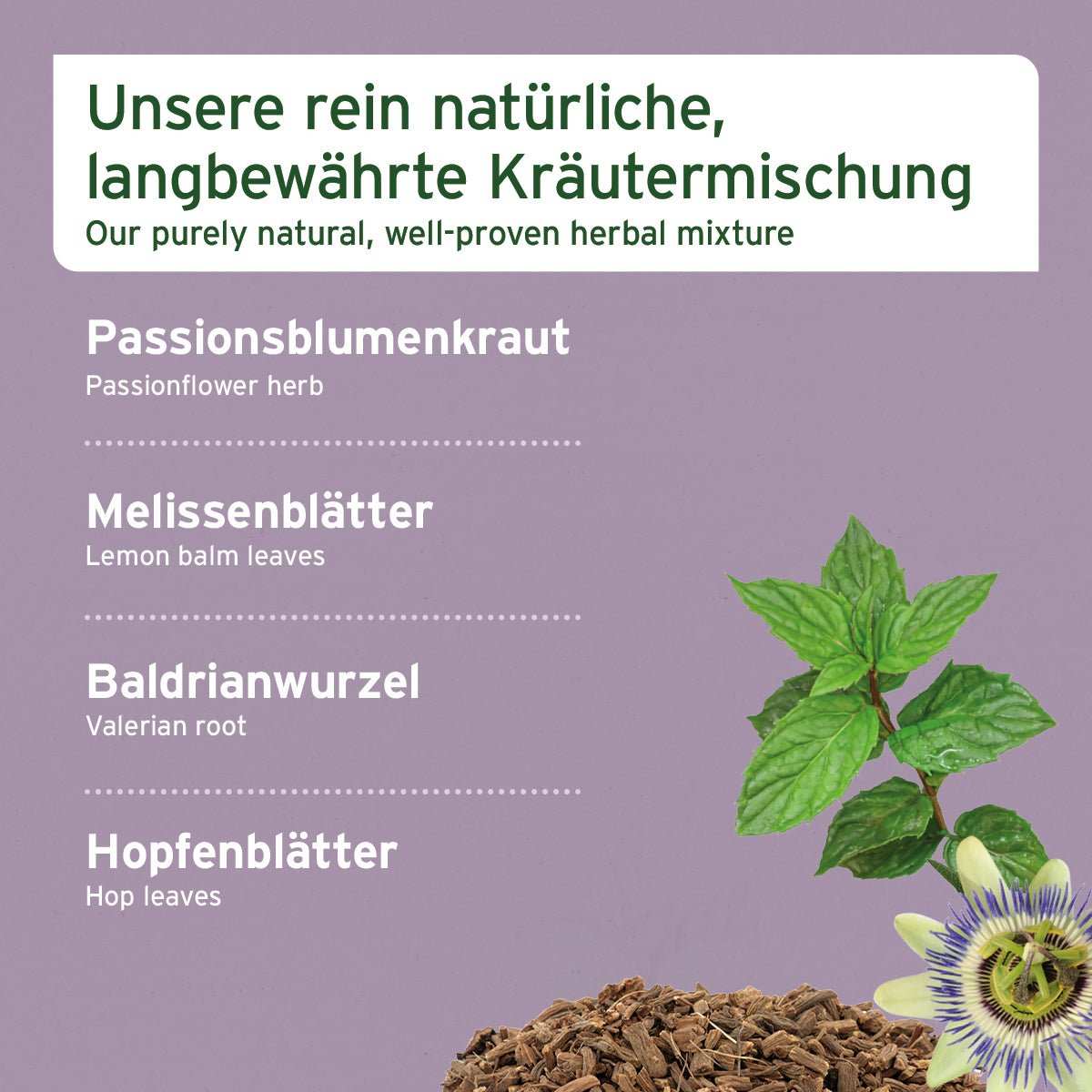 Natürliche Kräutermischung für Hunde mit Passionsblumenkraut, Melissenblättern, Baldrianwurzel und Hopfenblättern zur Beruhigung und Stresslinderung.