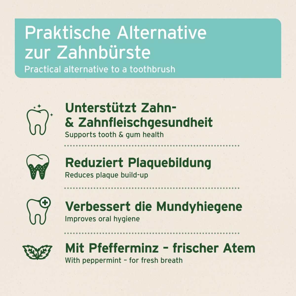 Praktische Alternative zur Zahnbürste, unterstützt Zahn- und Zahnfleischgesundheit, reduziert Plaquebildung, verbessert Mundhygiene, erfrischt Atem mit Pfefferminz.