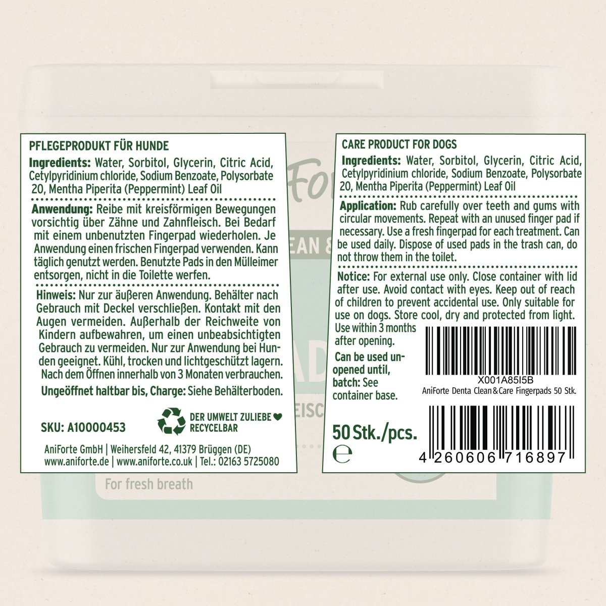 AniForte Denta Clean & Care Fingerpads für Hunde, Pflegeprodukt zur Verbesserung der Mundhygiene, reduziert Plaque, sorgt für frischen Atem, einfach in der Anwendung, 50 Stück.