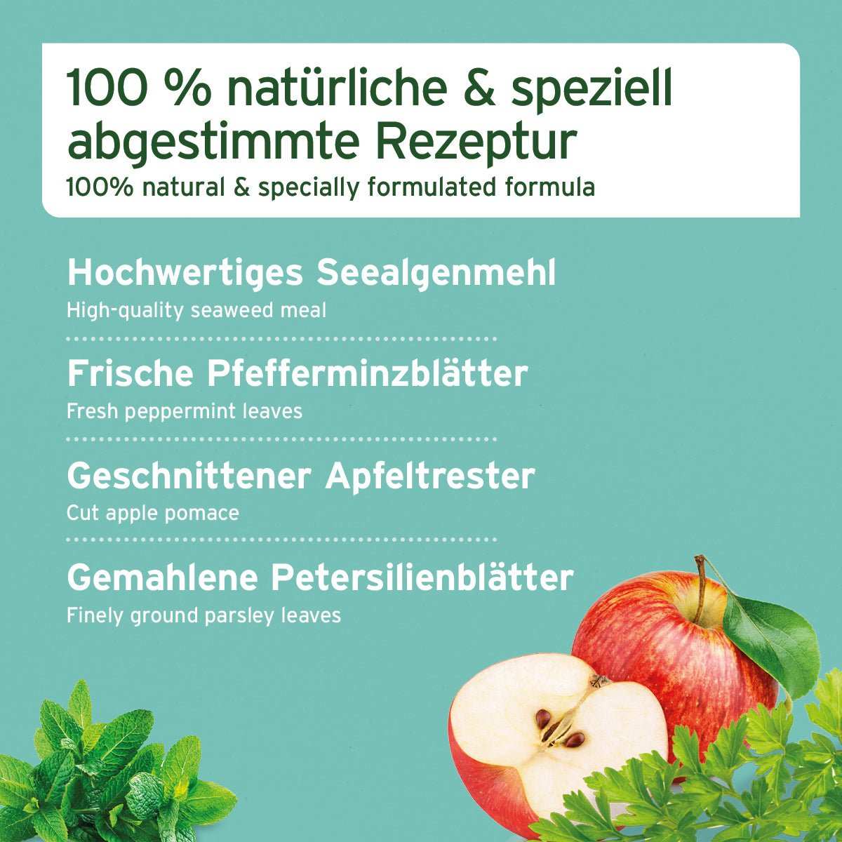 Grafik mit zusätzlichen Informationen Denta Clean & Care Zahnpflege Pulver mit 100% natürlicher & speziell abgestimmte Rezeptur aus Seealge, Pfefferminz, Apfeltrester und Petersilie
