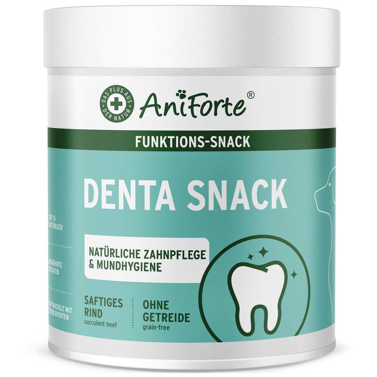 AniForte Denta-Snack container for dog dental hygiene, natural grain-free treats with beef and mint.
