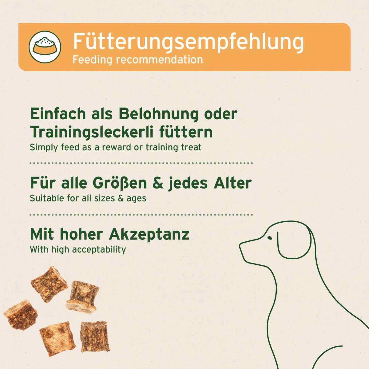 Fütterungsempfehlung Dog Snacks Huhn aus 96 % Hühnerfleisch, ideal für Training und Belohnung, weiche Textur, getreidefrei, ohne Zucker und Konservierungsstoffe, luftdicht verpackt.