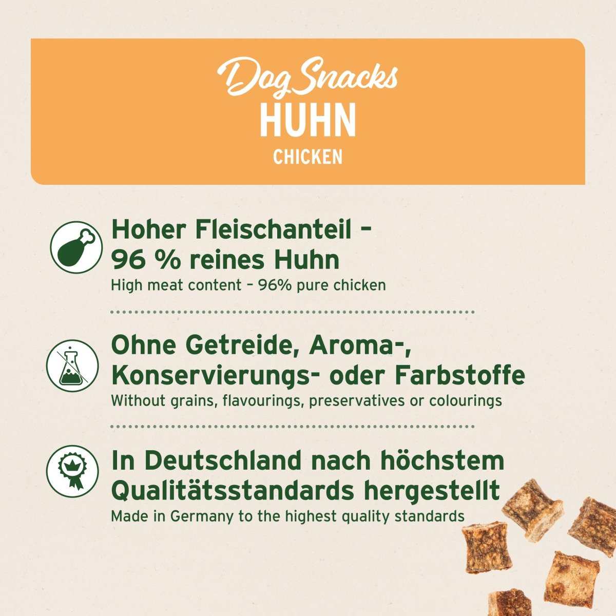 Informationsgrafik Dog Snacks Huhn 96% reines Hühnerfleisch, ohne Getreide, in Deutschland hergestellt.