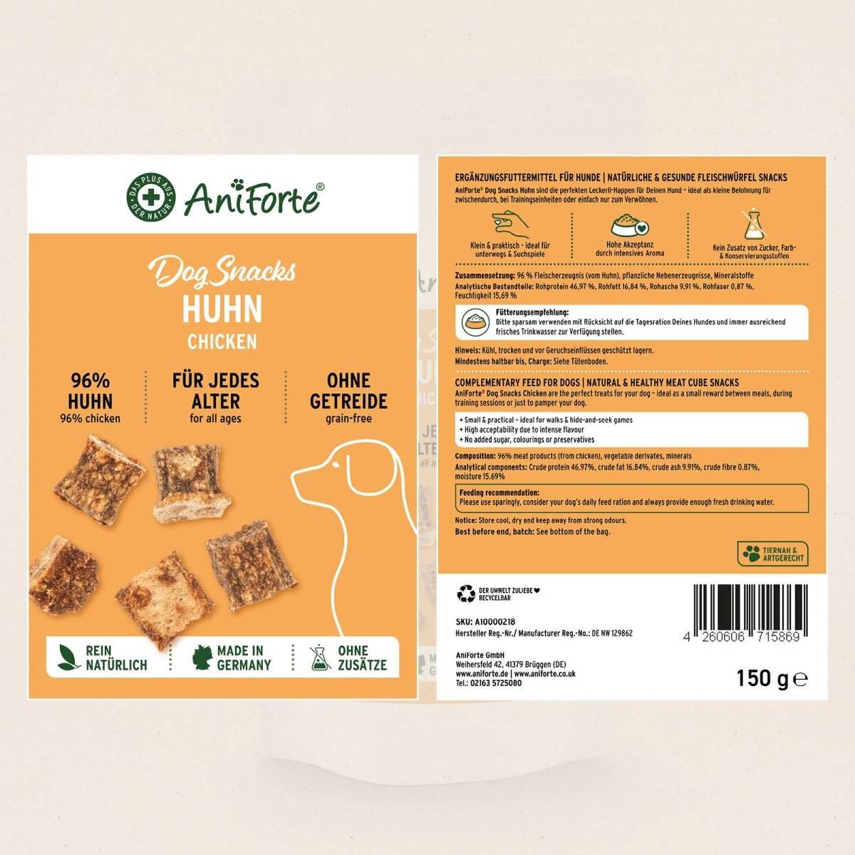 Dog Snacks Huhn von AniForte, 96% Hühnerfleisch, natürlich, ohne Getreide, ideal für Training und Belohnung.