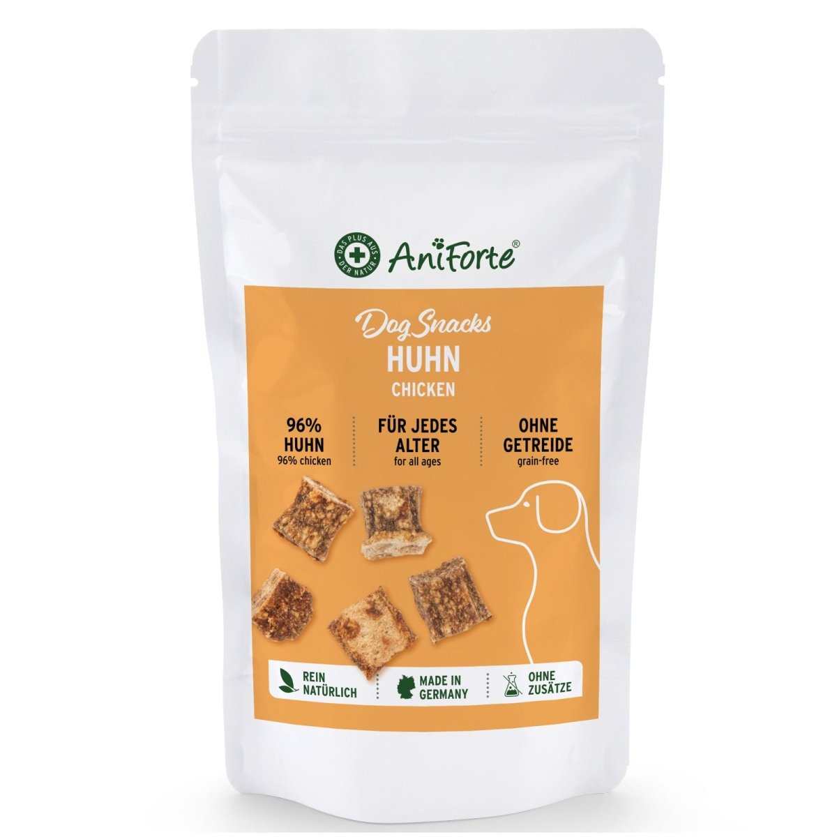 Verpackung von AniForte® Dog Snacks Huhn mit Huhnstücken, 96 % Hühnerfleisch, getreidefrei, für Hunde.