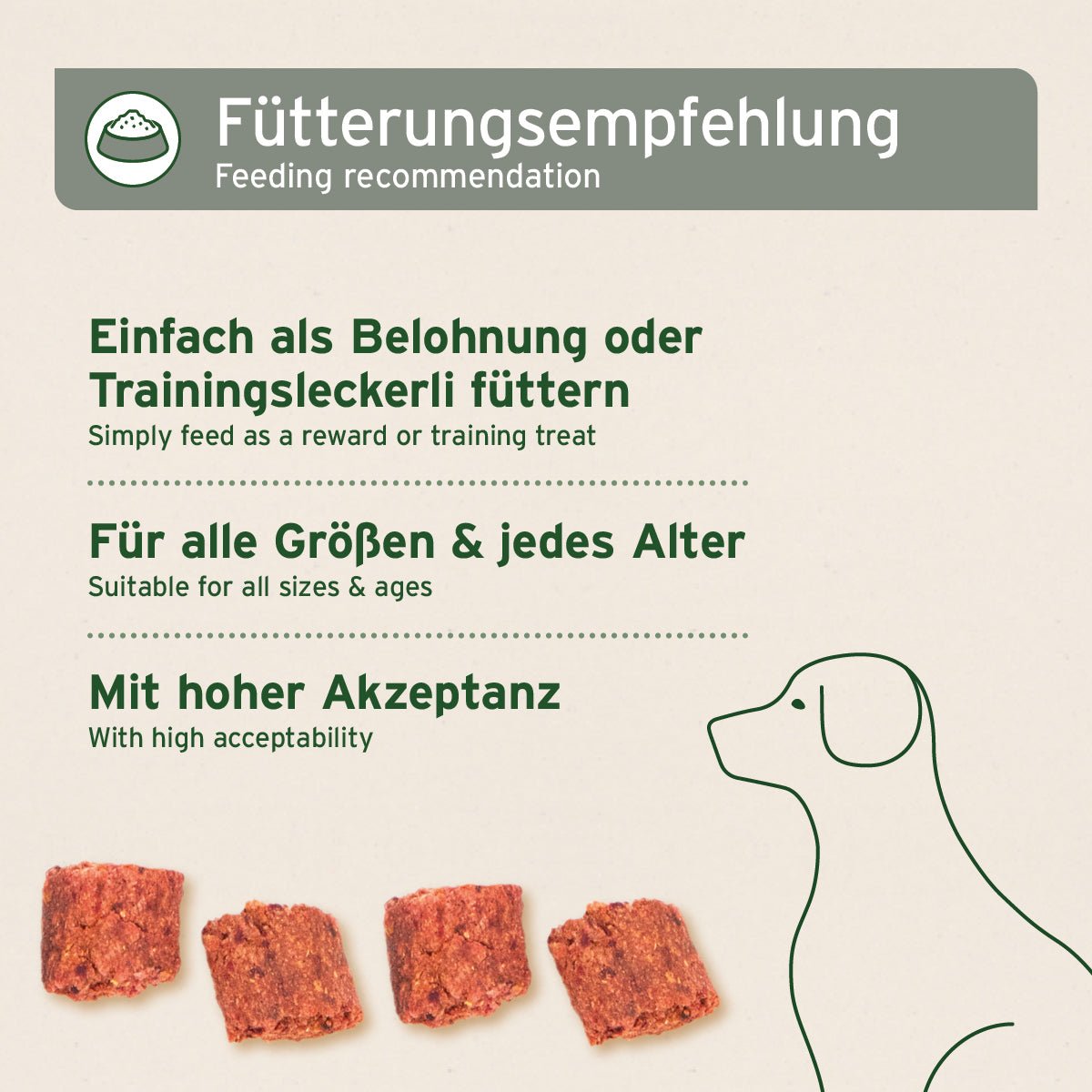 Fütterungsempfehlung für Dog Snacks Insekten als proteinreiche, natürliche Trainingsleckerlis für alle Hundegrößen.