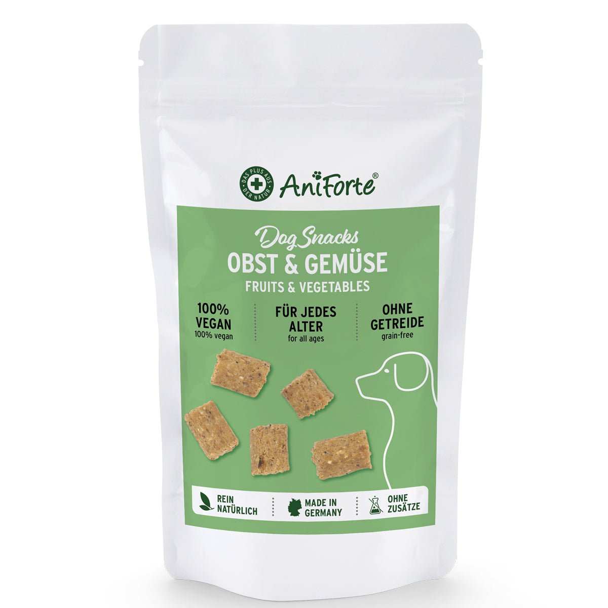 Hundesnacks Obst & Gemüse von AniForte, getreidefrei und ohne Zuckerzusätze, luftgetrocknet in wiederverschließbarer Verpackung.