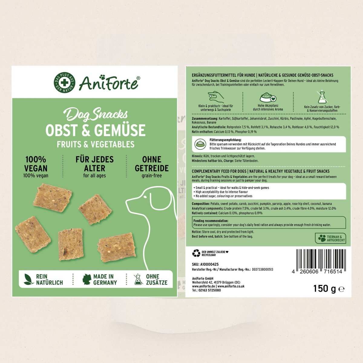 Hundesnacks aus Obst und Gemüse von AniForte, 100 % natürlich, getreidefrei, ohne Zuckerzusätze, in wiederverwendbarer Verpackung, 150 g.