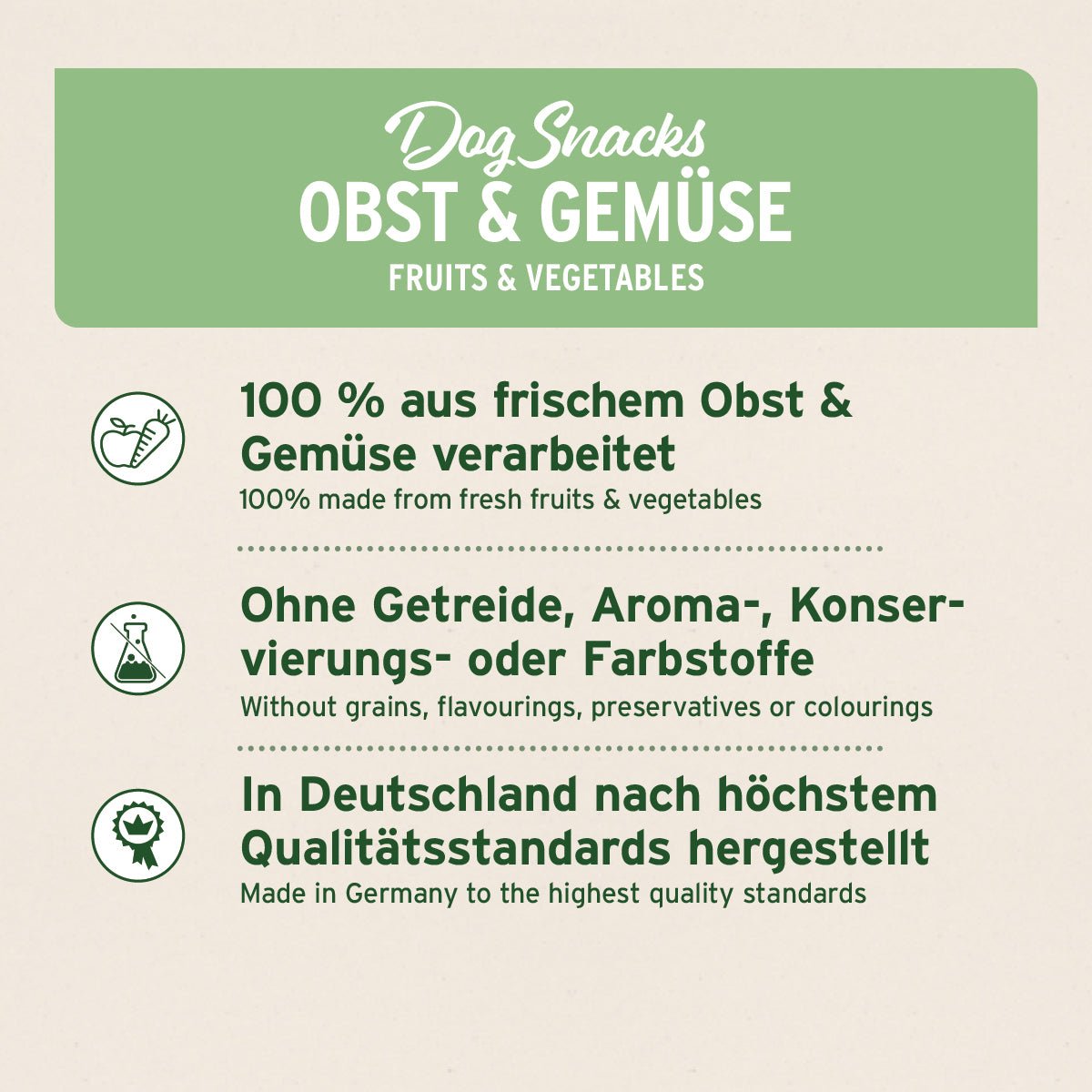 Dog Snacks Obst & Gemüse luftgetrocknet ohne Getreide und Zusatzstoffe made in Germany