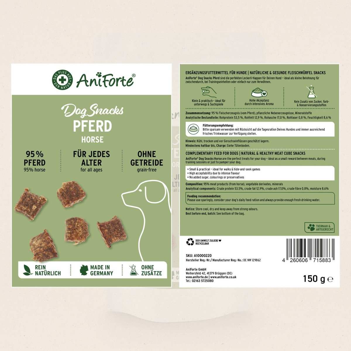 Dog Snacks Pferd von AniForte, 95 % Pferdefleisch, getreidefrei, weiche Textur, geeignet für alle Hunde, 150 g Packung.