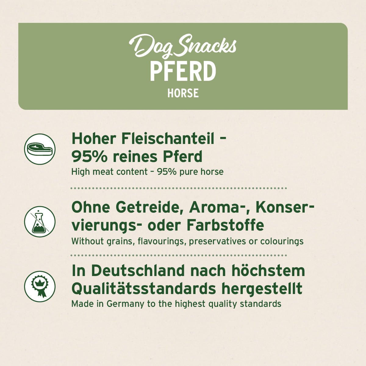 Dog Snacks Pferd luftgetrocknete Pferdefleisch-Leckerlis ohne Getreide, frei von Zusätzen, hergestellt in Deutschland