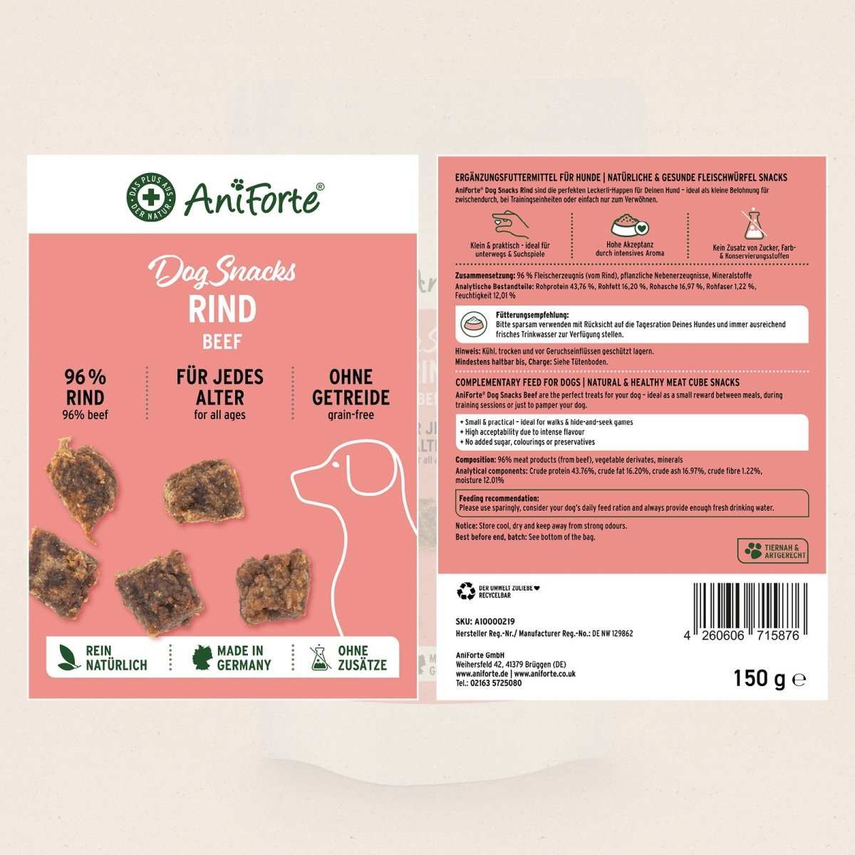 Hundesnacks aus reinem Rindfleisch, ideal für Belohnungen und Training, weiche Textur, getreidefrei, ohne Zucker und Konservierungsstoffe, made in Germany.