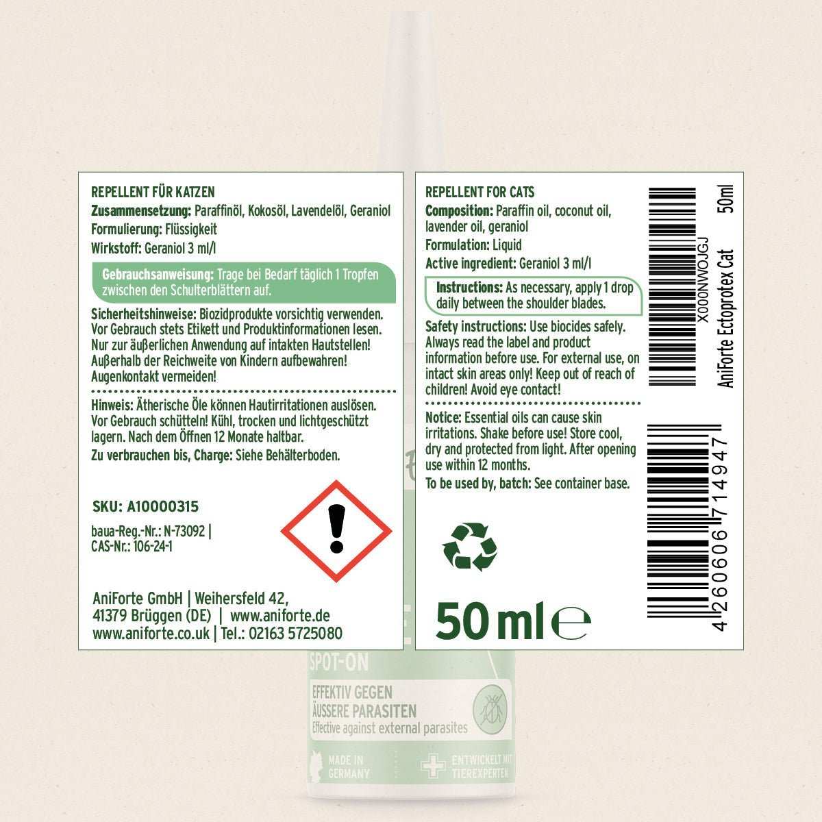 Ectoprotex Spot-on für Katzen Verpackung mit Inhaltsangaben und Anwendungshinweisen, effektiver Schutz gegen Flöhe, Zecken und Milben.