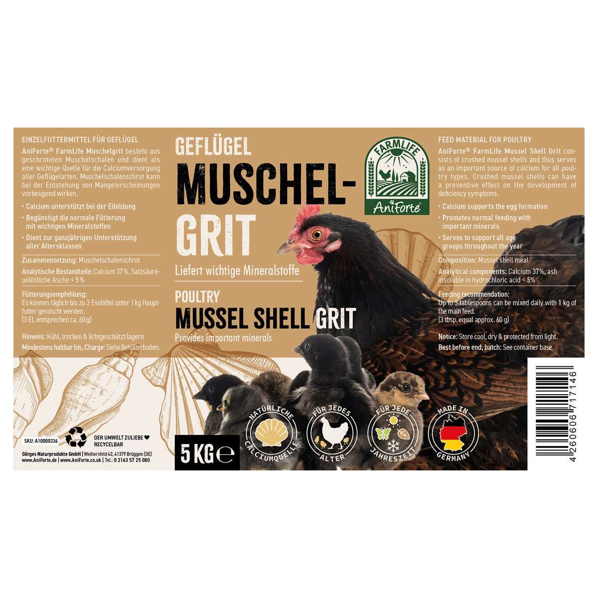AniForte FarmLife Geflügel Muschelgrit Verpackung mit Hühnern; calciumreiche Futterergänzung für stabile Eierschalen und gesunde Verdauung.