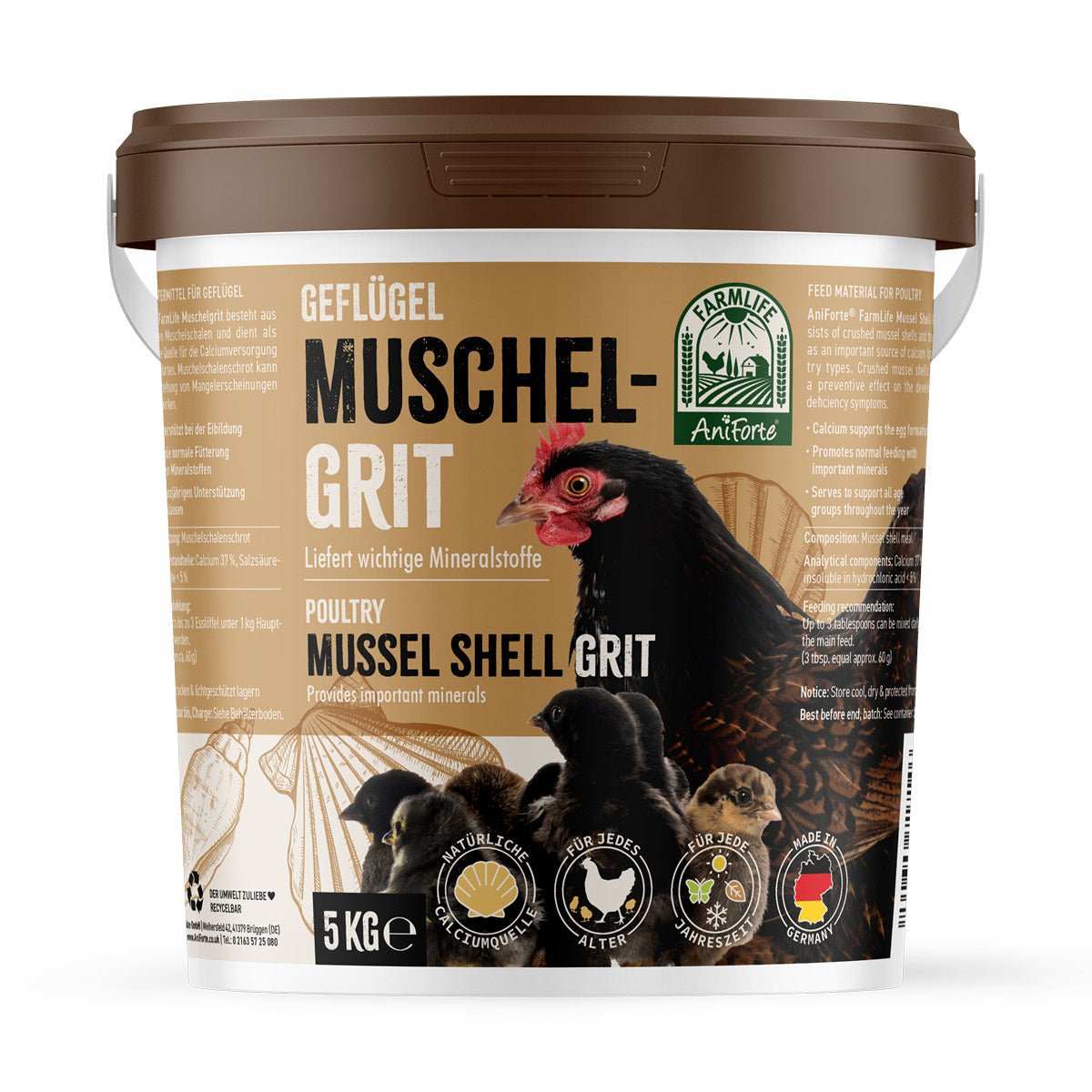 FarmLife Geflügel Muschelgrit für Calciumversorgung und Eierschalenqualität, 5 kg Eimer.