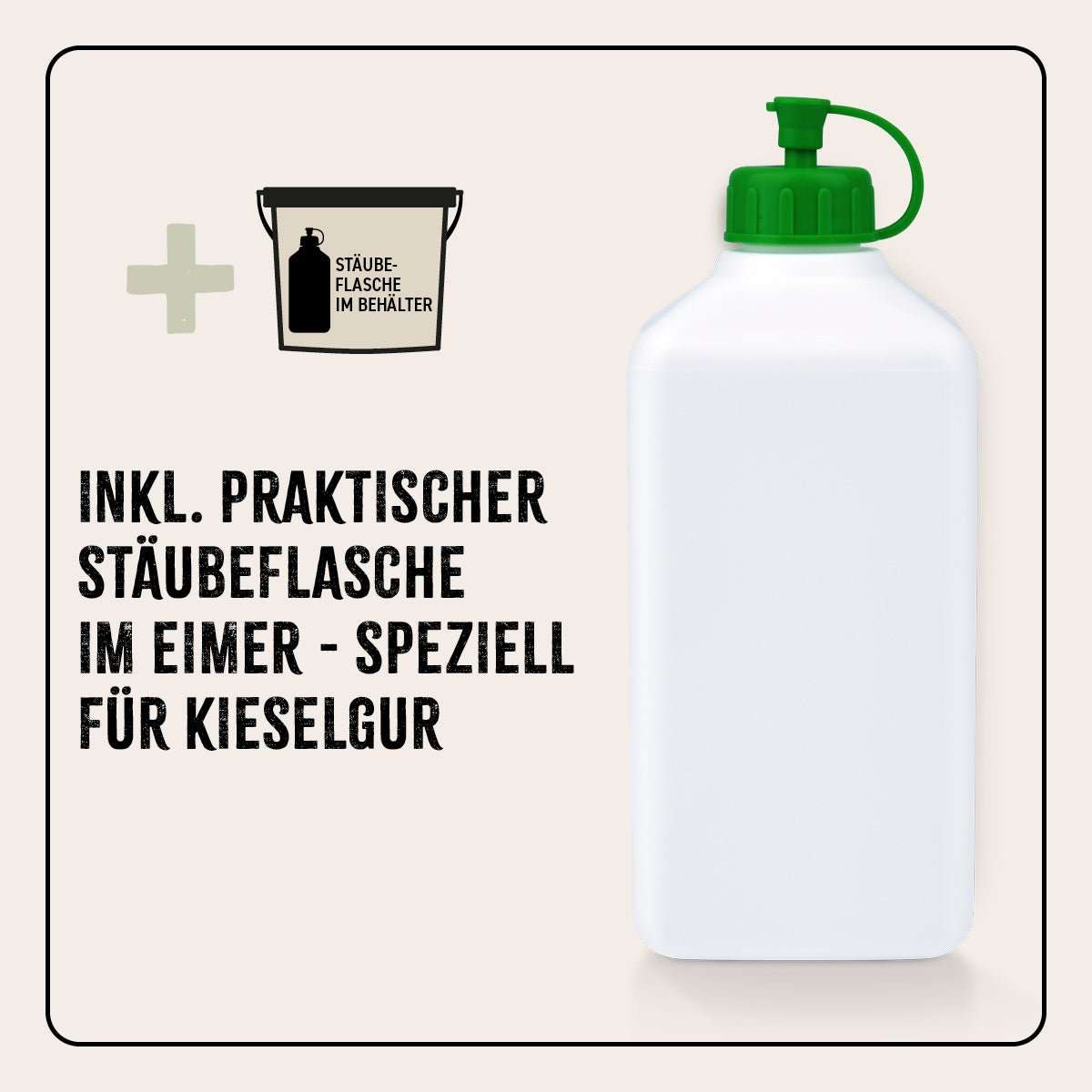 FarmLife Kieselgur Pulver mit grüner Stäubeflasche für Stallhygiene und Geflügelpflege.