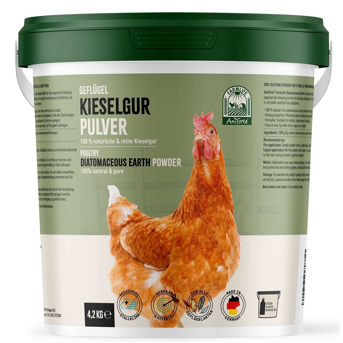 Ein Eimer FarmLife Kieselgur Pulver für Geflügelpflege und Stallhygiene, 100% natürlich.