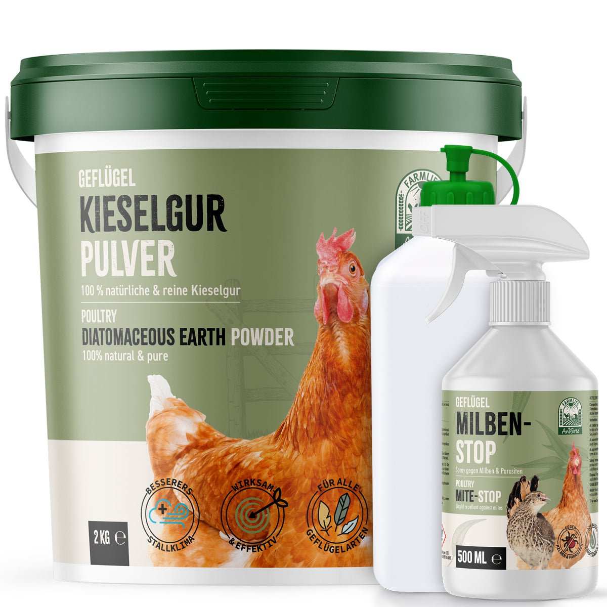 FarmLife Milben & Hygiene-Duo set with Kieselgur powder and Milben-Stop spray for poultry mite protection and stall hygiene.