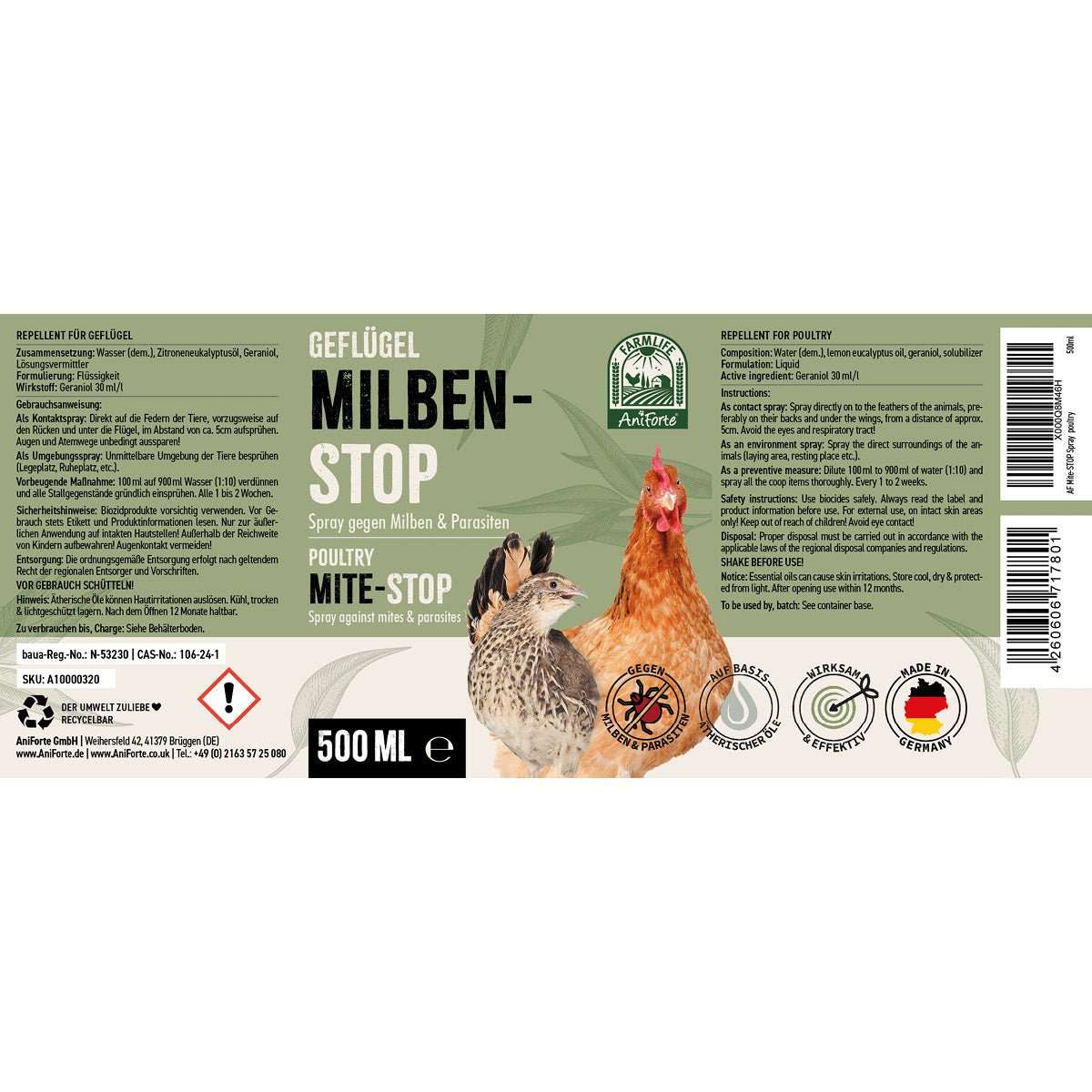 Etikett von AniForte® Milben-Stop Spray 500 ml für Geflügel, Schutz gegen Milben und Parasiten, Teil des FarmLife Milben & Hygiene-Duo.
