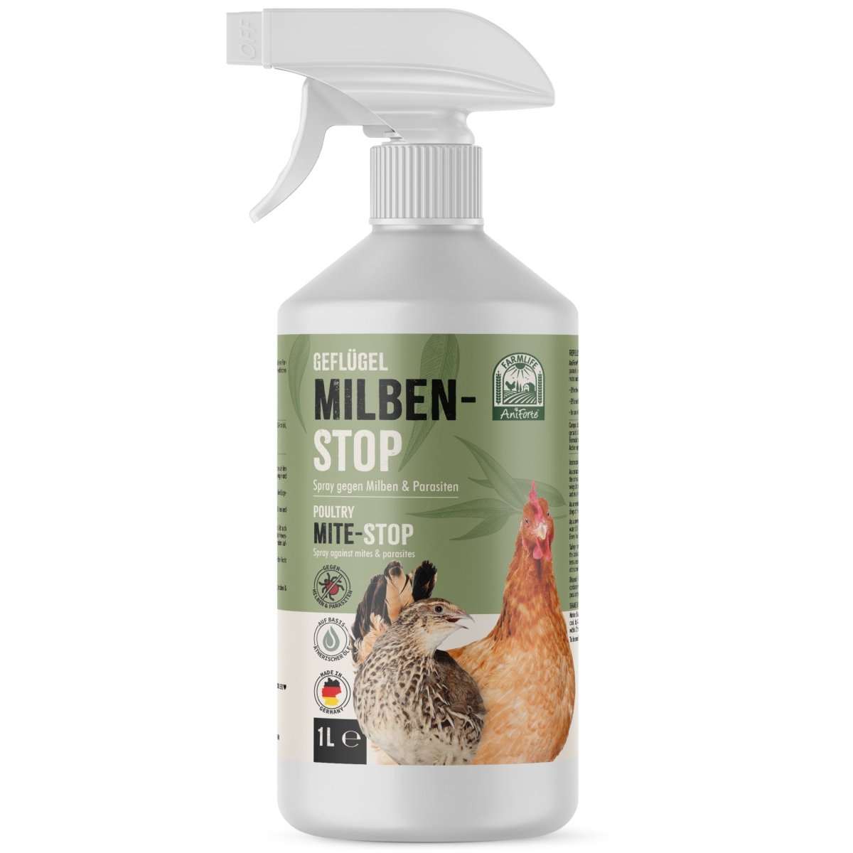 Hühner Milben-STOP Spray von FarmLife gegen Parasiten, 1L Flasche.