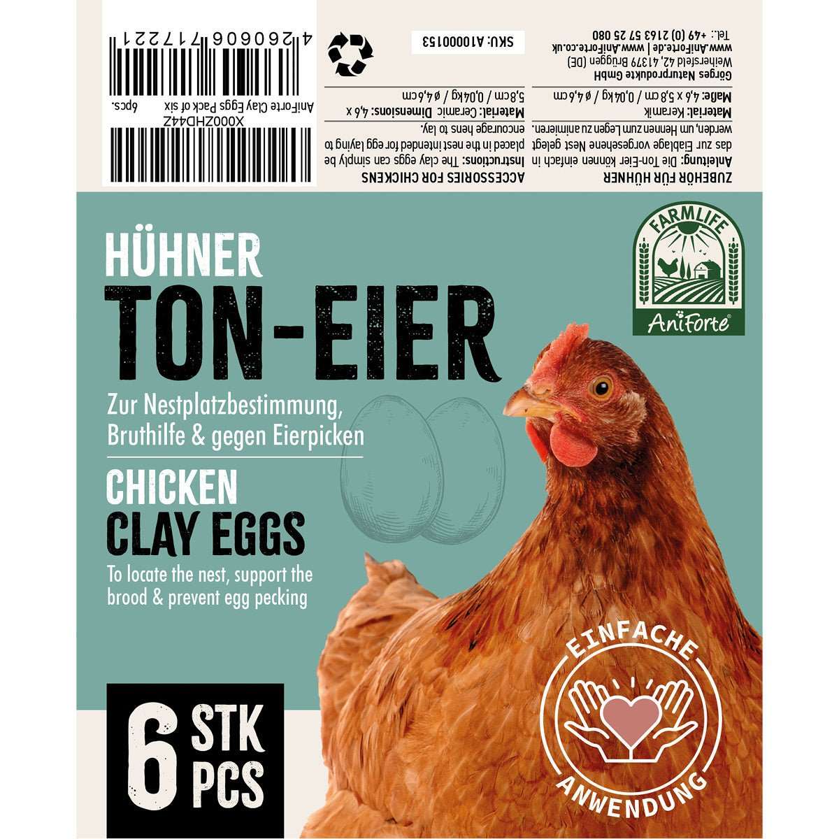 Verpackung 6er Pack FarmLife Ton-Eier zur Bruthilfe und gegen Eierpicken für Hühner.