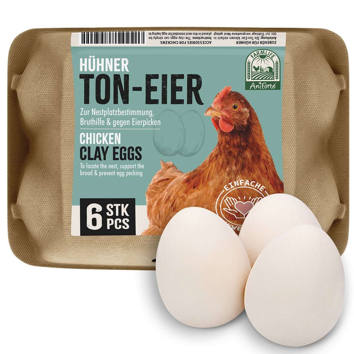 FarmLife Ton-Eier 6er Pack zur Bruthilfe für Hühner, gegen Eierpicken, in Kartonverpackung.