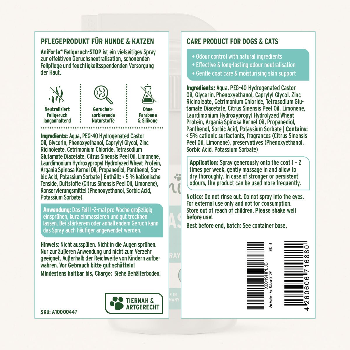 Fellgeruch STOP Spray zur natürlichen und effektiven Neutralisierung unangenehmer Gerüche bei Hunden und Katzen, pflegt Fell und Haut sanft mit Arganöl und Seidenprotein.